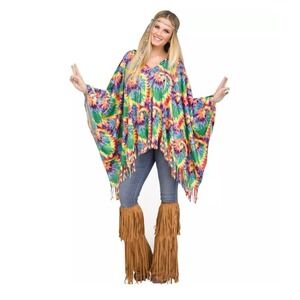 Adult‎ Hippie Tie-Dye Poncho 70s Costume One Size Halloween Dress Up NEW C8